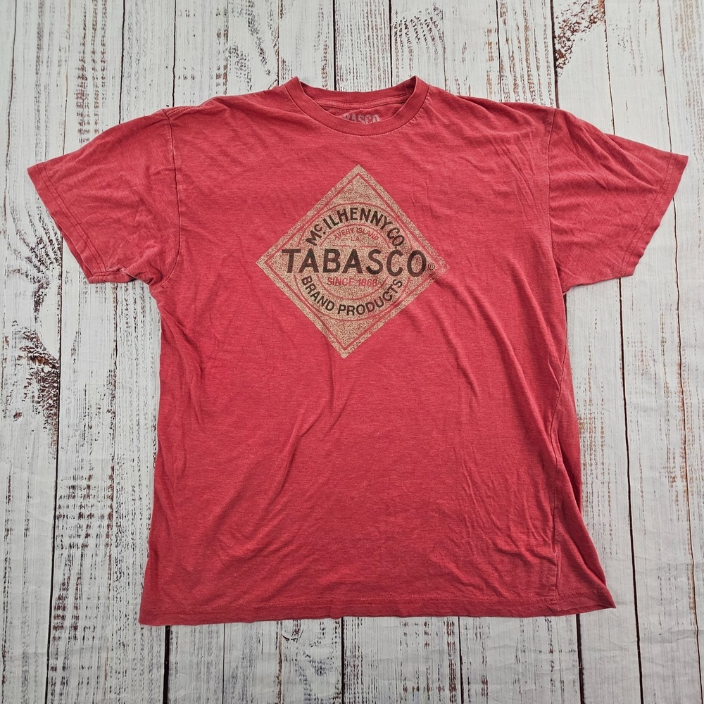 Tabasco Mens XL Red Graphic Short Sleeve T Shirt Hot Sauce Logo Retro Tee